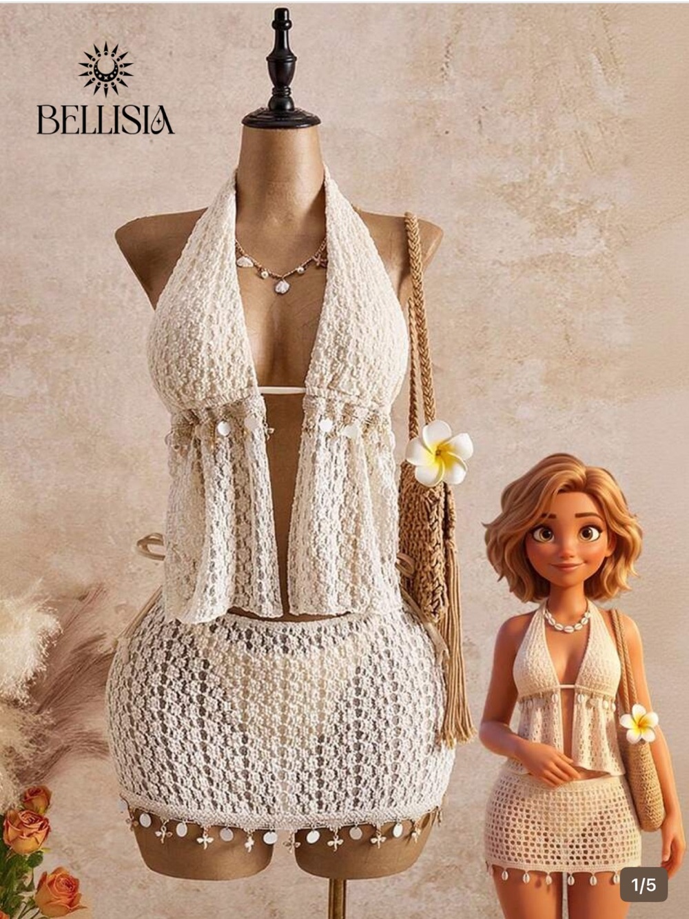SHEIN Cream Crochet Halter Swim Coverup Set